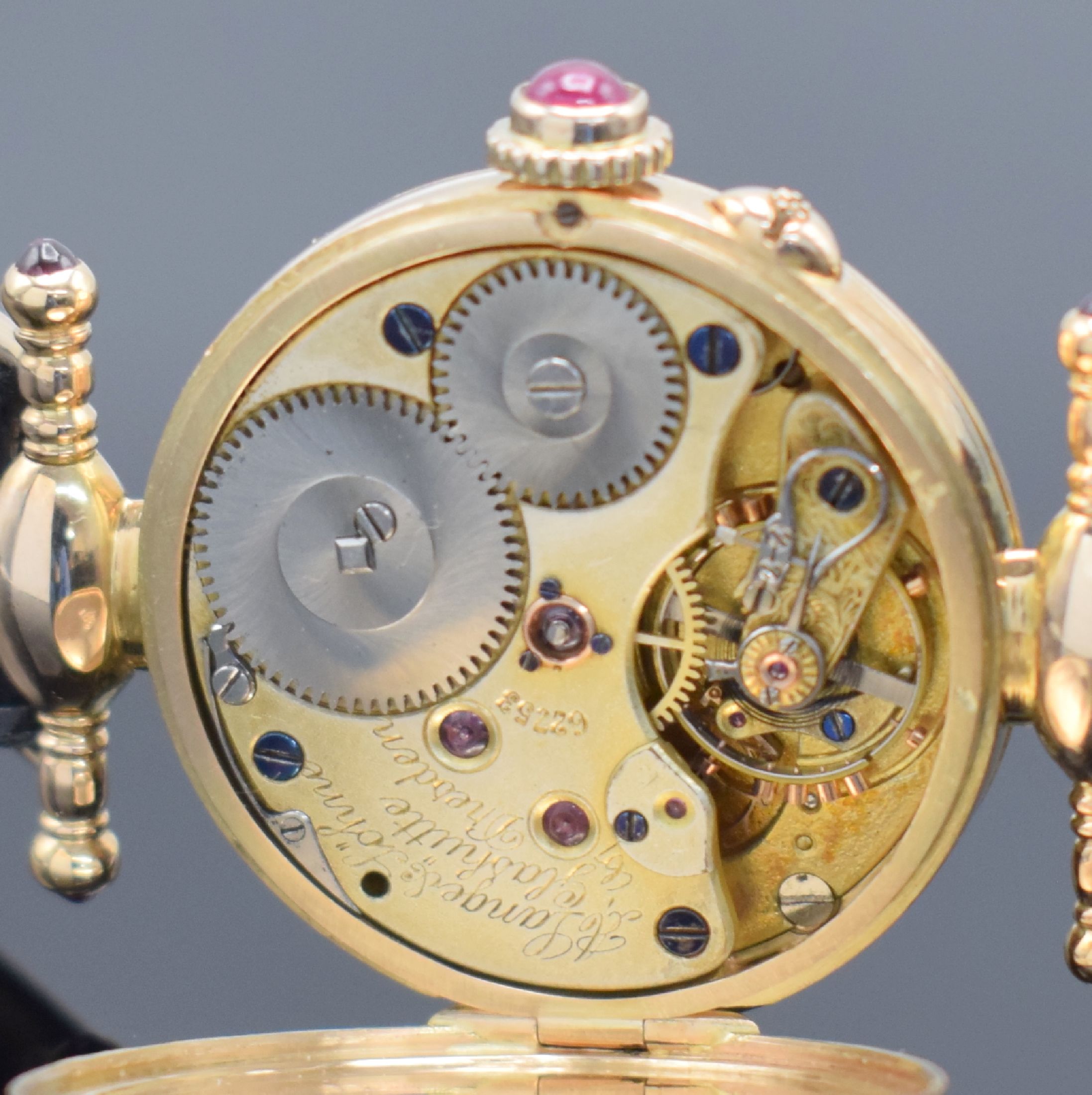 Detail a: A. LANGE & SÖHNE Taschenuhrwerk Nr. 62753 im neutralen RG 585/000 Gehäuse, Werk Deutschland um 1910, neutr. Scharniergeh. m. bewegl. Bandanst., ...