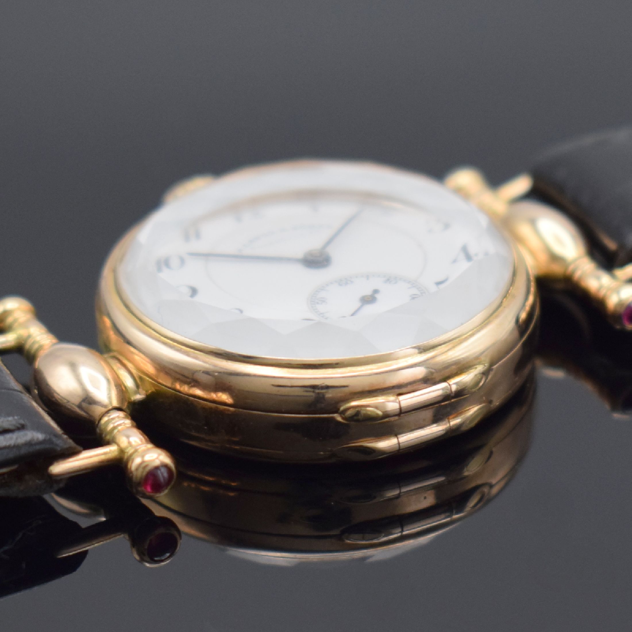 Detail d: A. LANGE & SÖHNE Taschenuhrwerk Nr. 62753 im neutralen RG 585/000 Gehäuse, Werk Deutschland um 1910, neutr. Scharniergeh. m. bewegl. Bandanst., ...