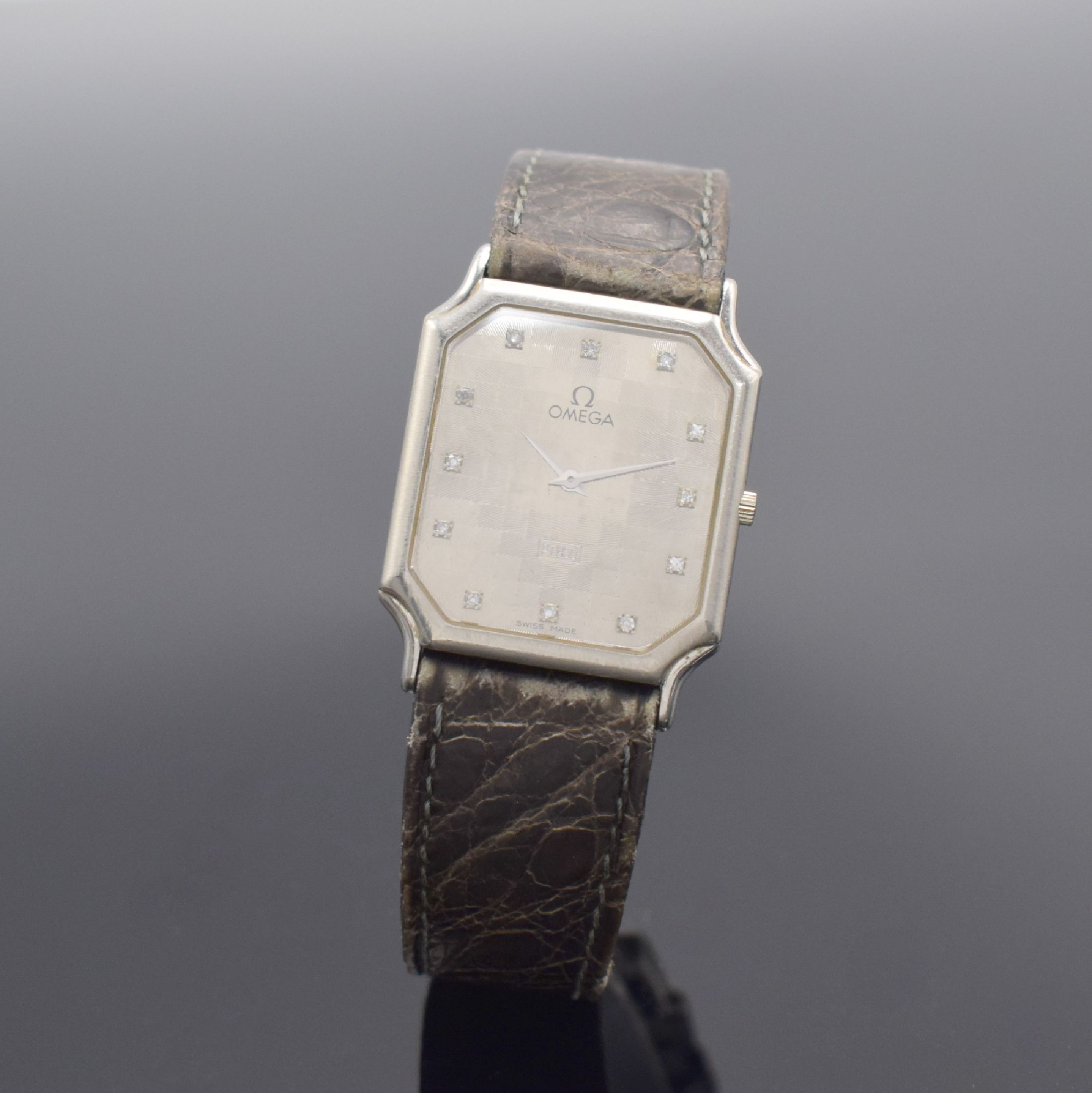OMEGA seltene Armbanduhr Referenz 191923 BZ in Platin, Schweiz um 1985, quarz, 2-teil. Platingeh., Boden 4-fach verschr., orig. Lederband m. orig. WG ...