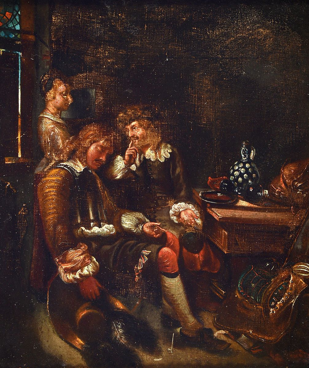 Unbekannter Künstler um 1800, in niederländischer Tradition, Sittengemälde in der Tradition des 17.Jh., Interior: schlafender Kaufmann wird von ...