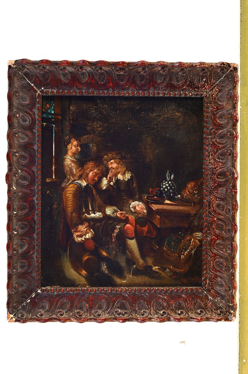 Detail k: Unbekannter Künstler um 1800, in niederländischer Tradition, Sittengemälde in der Tradition des 17.Jh., Interior: schlafender Kaufmann wird von ...