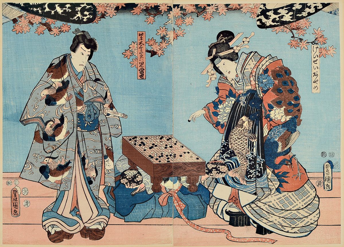Utagawa Kunisada (Toyokuni III), Farbholzschnitt, Japan, späterer Abzug um 1870/80, Pärchen beim Go-Spiel, aufwendige Gewandgetaltung, Oban-Format, ...