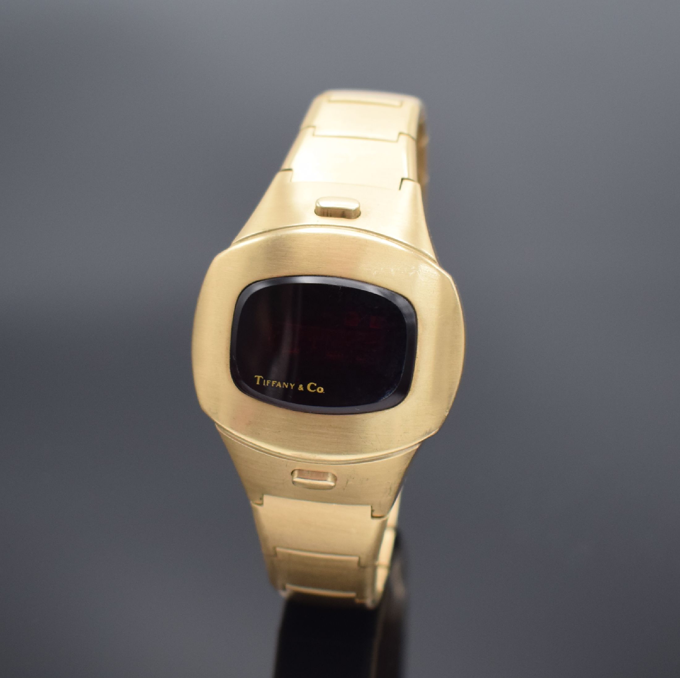 PULSAR P4 LED Time Computer / TIFFANY & CO sehr seltene LED Armbanduhr in GG 585/000, USA um 1975, quarz, Geh. an orig. Goldband m. Faltschl. in GG ...