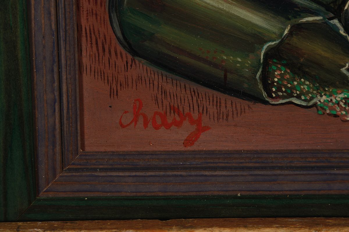Detail a: Helene Chady, frz. Malerin des 20. Jh., Surrealistische Komposition mit Pierrots, Öl/Hartfaser, links unten signiert, ca. 41x33cm, R. ca. 46x38cm