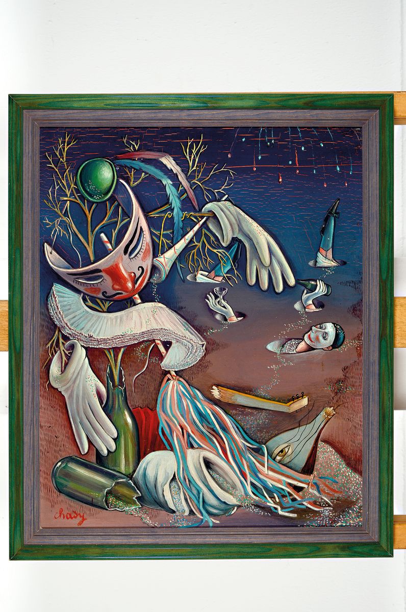 Detail k: Helene Chady, frz. Malerin des 20. Jh., Surrealistische Komposition mit Pierrots, Öl/Hartfaser, links unten signiert, ca. 41x33cm, R. ca. 46x38cm