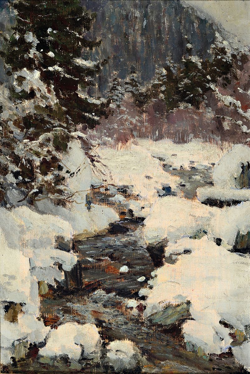 Ivan Alexandrovich Shvedov, 1917-1996, verschneite Winterlandschaft mit Bäumen und Bachlauf, Öl/Lwd, rückseitig Künstlerstempel, ca. 45x31cm, R. ...