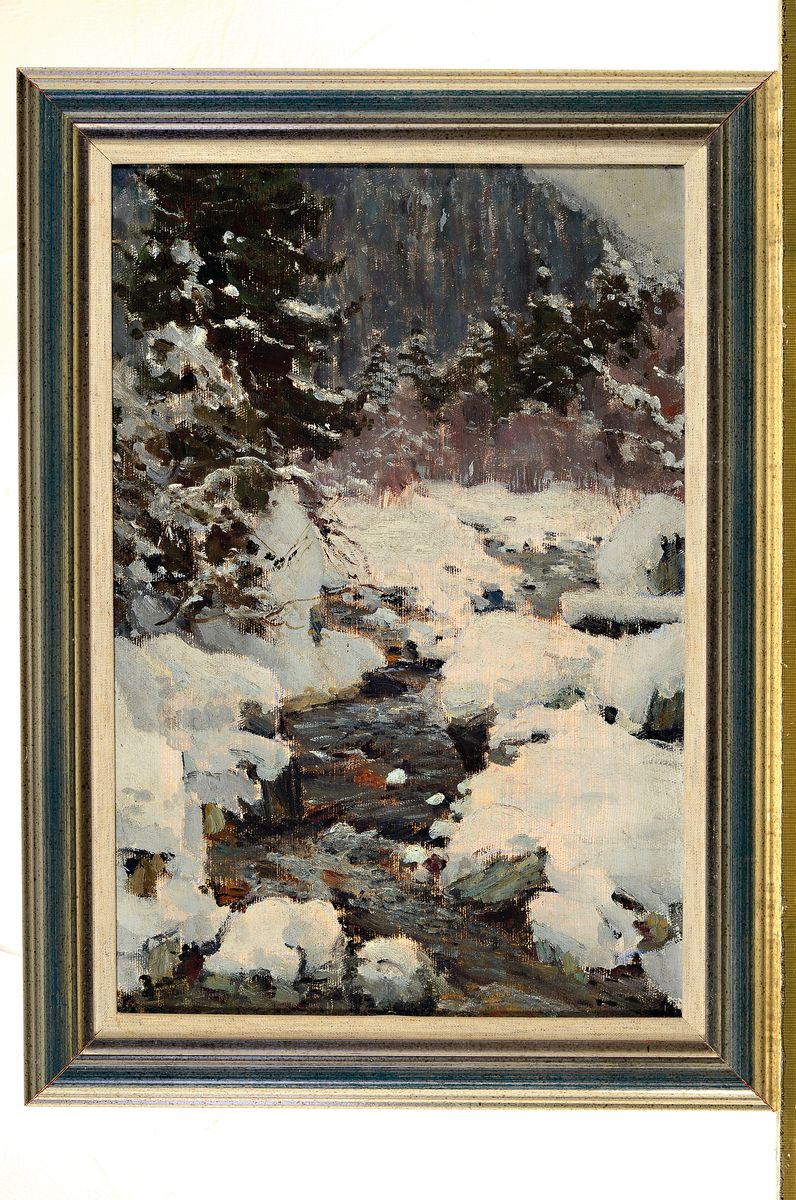 Detail k: Ivan Alexandrovich Shvedov, 1917-1996, verschneite Winterlandschaft mit Bäumen und Bachlauf, Öl/Lwd, rückseitig Künstlerstempel, ca. 45x31cm, R. ...