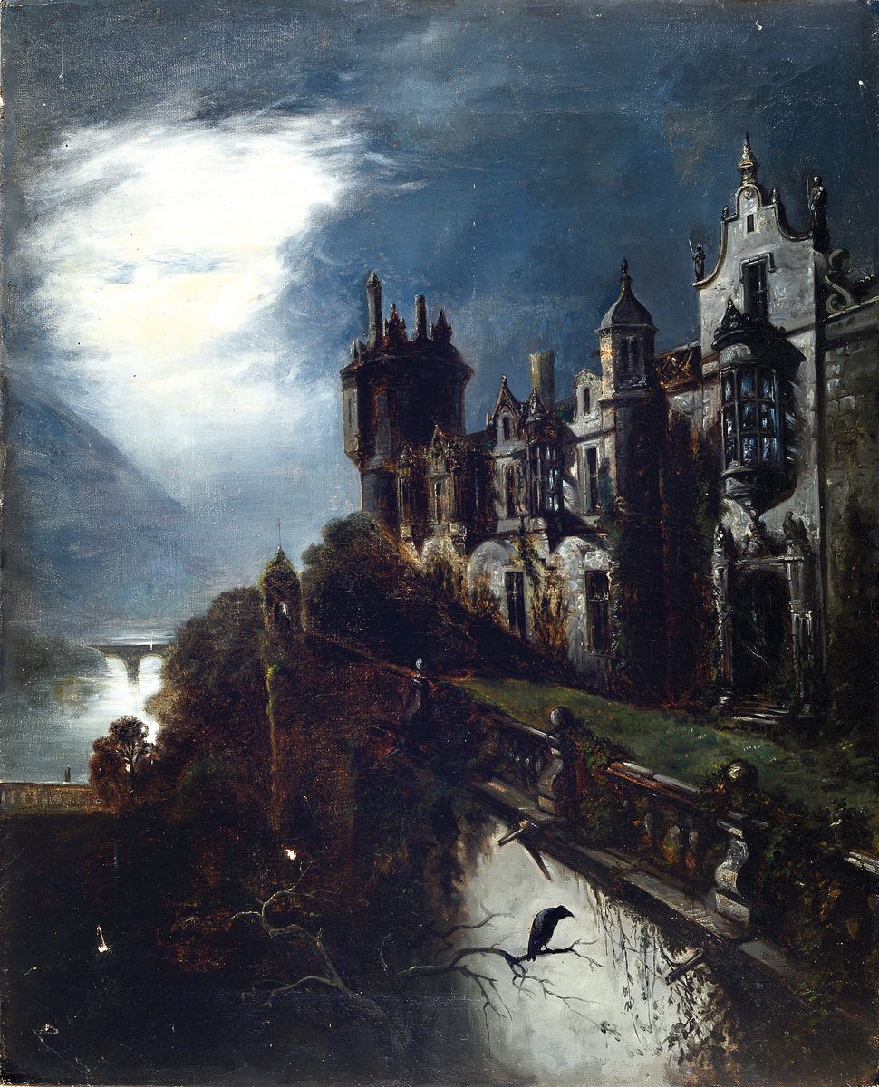 Unbekannter Künstler, um 1900, Mystische Vollmondlandschaft mit Schloß und Krähe im Vordergrund, Öl/Lwd, altersbedingte Oberflächenschäden, ca. ...