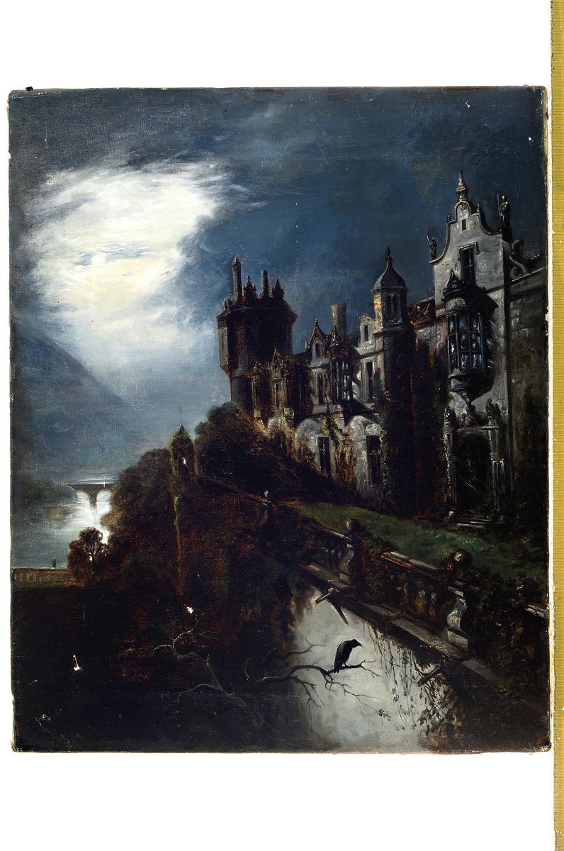 Detail k: Unbekannter Künstler, um 1900, Mystische Vollmondlandschaft mit Schloß und Krähe im Vordergrund, Öl/Lwd, altersbedingte Oberflächenschäden, ca. ...