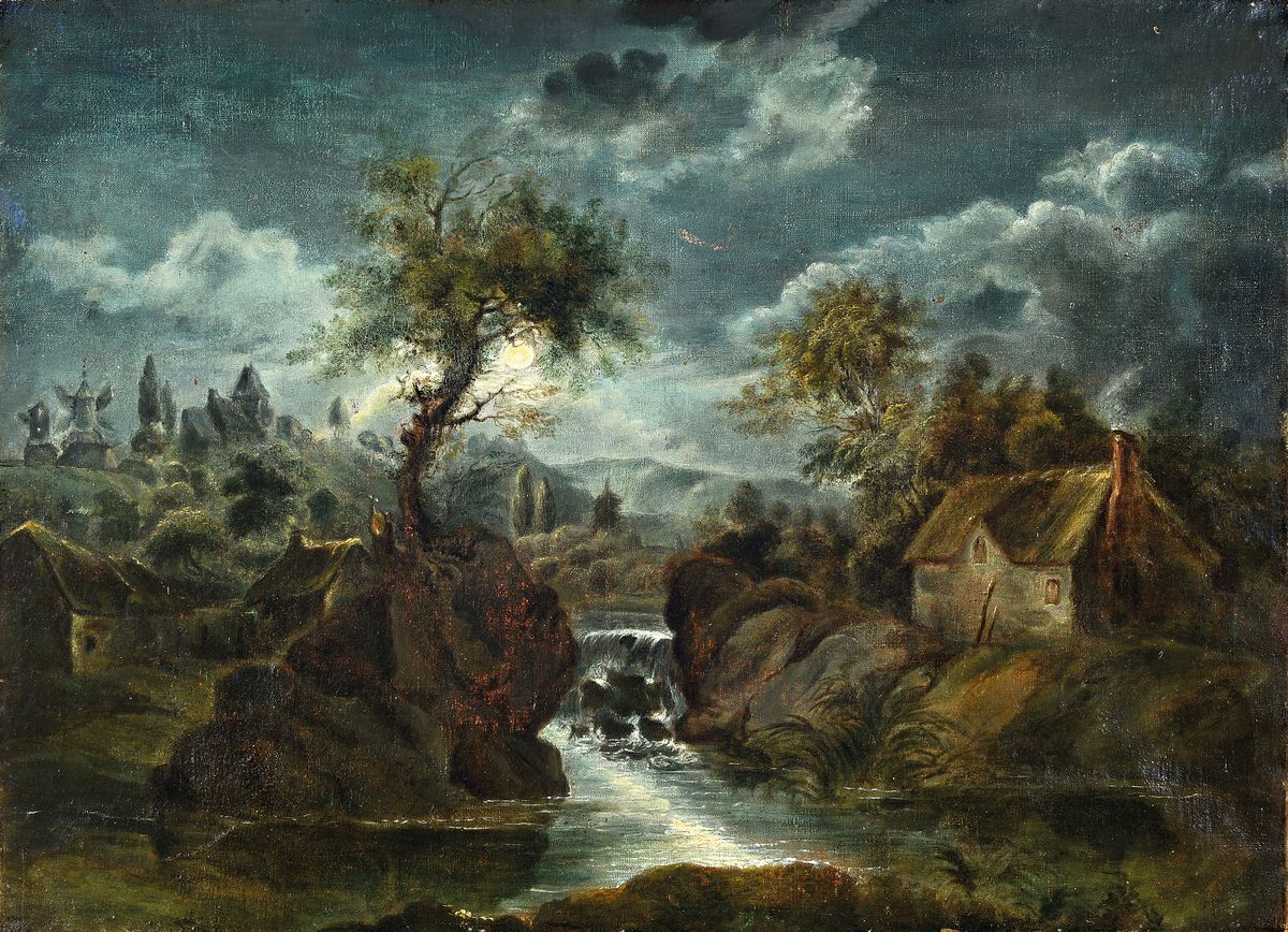 Unbekannter Künstler, Niederlande, Mitte 19. Jh., Vollmondlandschaft mit Bachlauf, Bauernhaus und Ortschaft im Hintergrund, Öl/Lwd, Altersspuren, ...