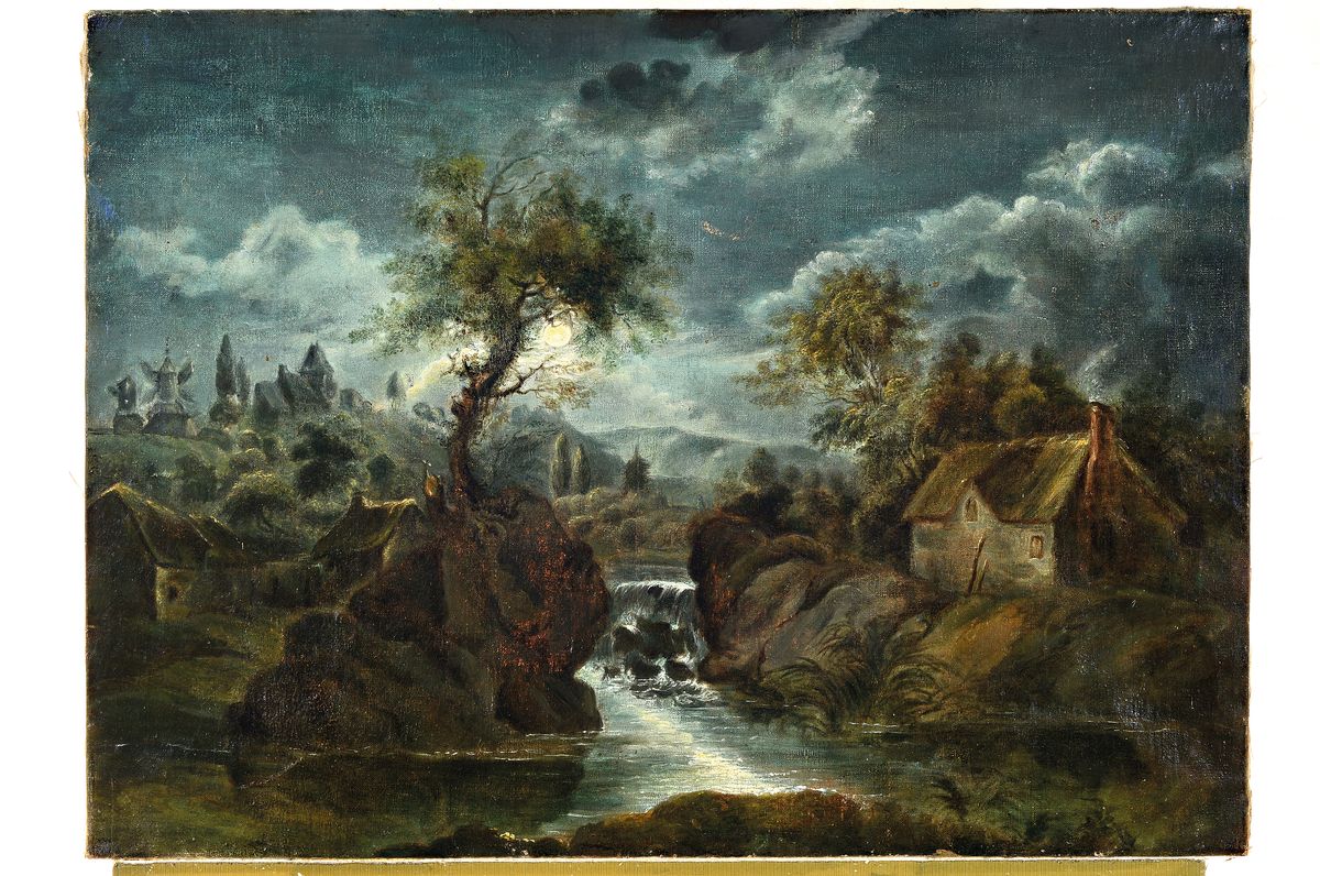 Detail k: Unbekannter Künstler, Niederlande, Mitte 19. Jh., Vollmondlandschaft mit Bachlauf, Bauernhaus und Ortschaft im Hintergrund, Öl/Lwd, Altersspuren, ...