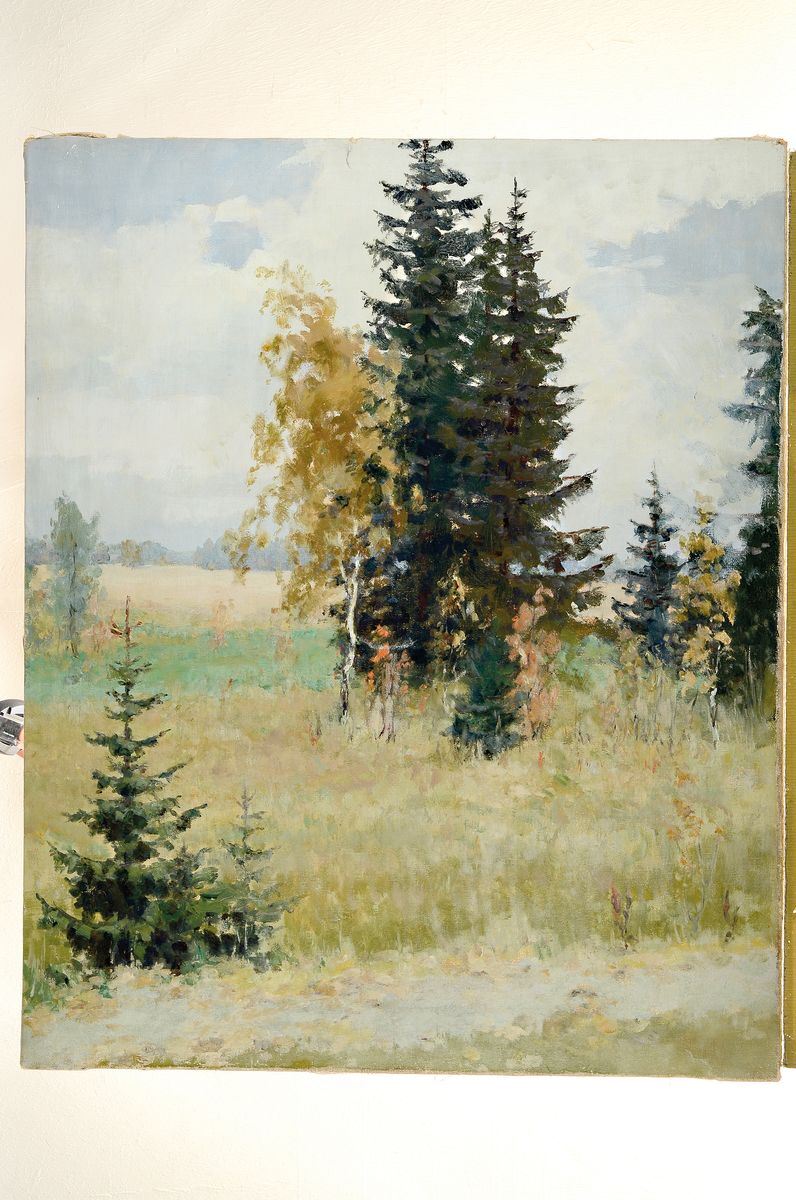Detail k: Sergei Shomin, geb. 1913, Landschaft mit Baumgruppe, Öl/Lwd, rückseitig signiert, betitelt und dat. 1953, ca. 80x65cm