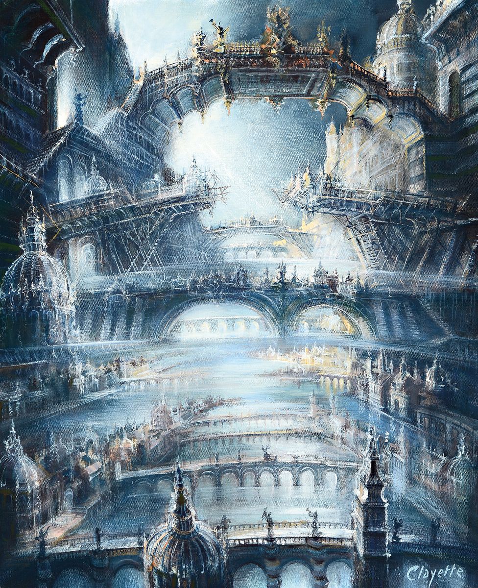 Pierre Clayette, 1930-2005, Illumination Les Ponts, hiver 85-86, surrealistische Landschaft mit Versatzstücken versch. bekannter Brücken, Öl/Lwd, ...