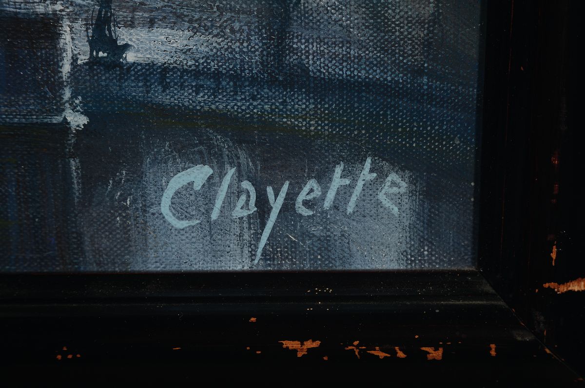 Detail a: Pierre Clayette, 1930-2005, Illumination Les Ponts, hiver 85-86, surrealistische Landschaft mit Versatzstücken versch. bekannter Brücken, Öl/Lwd, ...