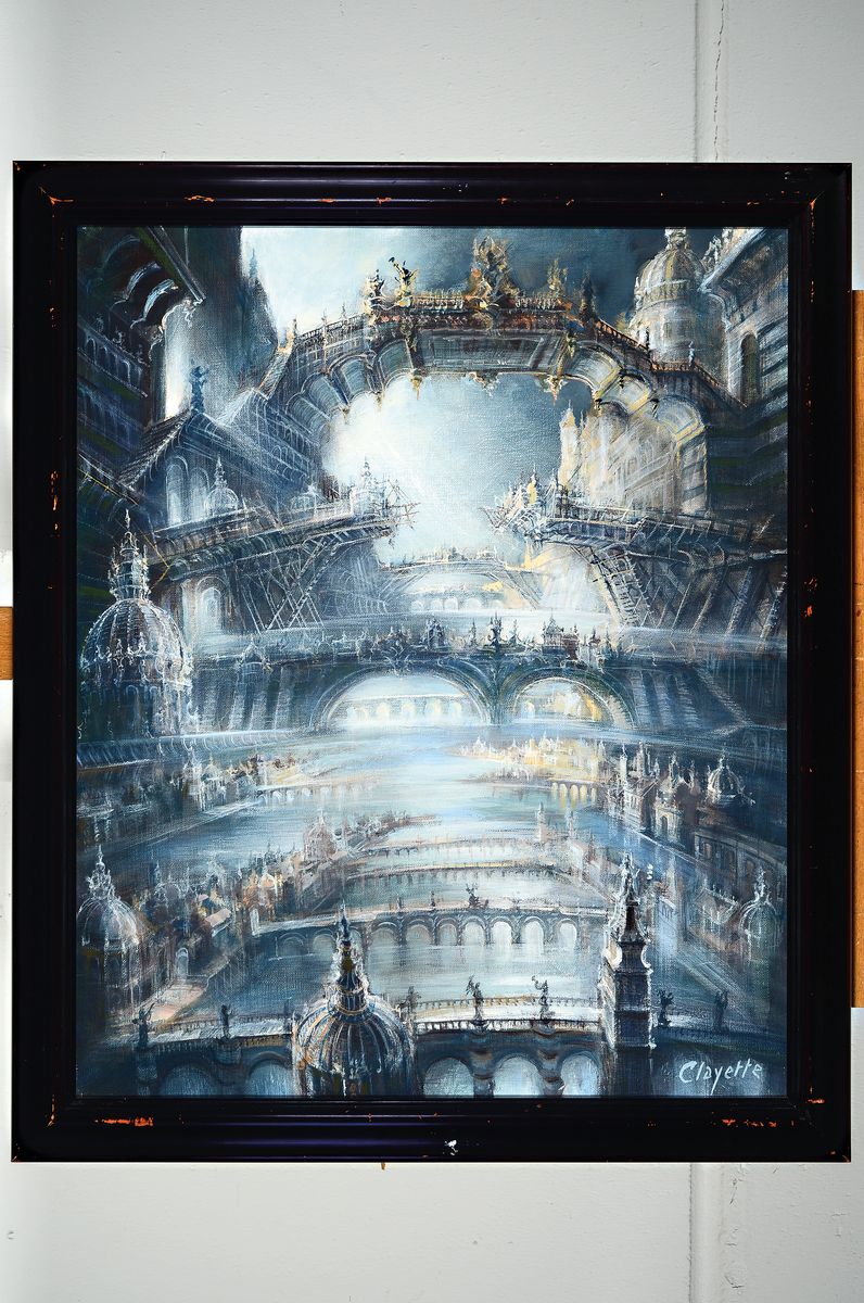 Detail k: Pierre Clayette, 1930-2005, Illumination Les Ponts, hiver 85-86, surrealistische Landschaft mit Versatzstücken versch. bekannter Brücken, Öl/Lwd, ...