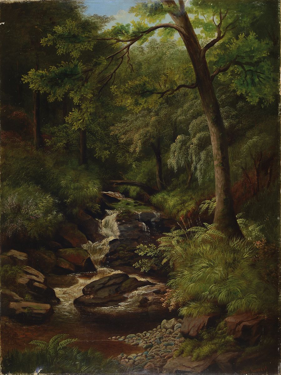 Detail a: John Russell, britischer Maler, um 1900, 2 Pendants: Waldansichten mit Bachlauf, Beobachtung der feinen Abstufungen in den Grüntönen der ...