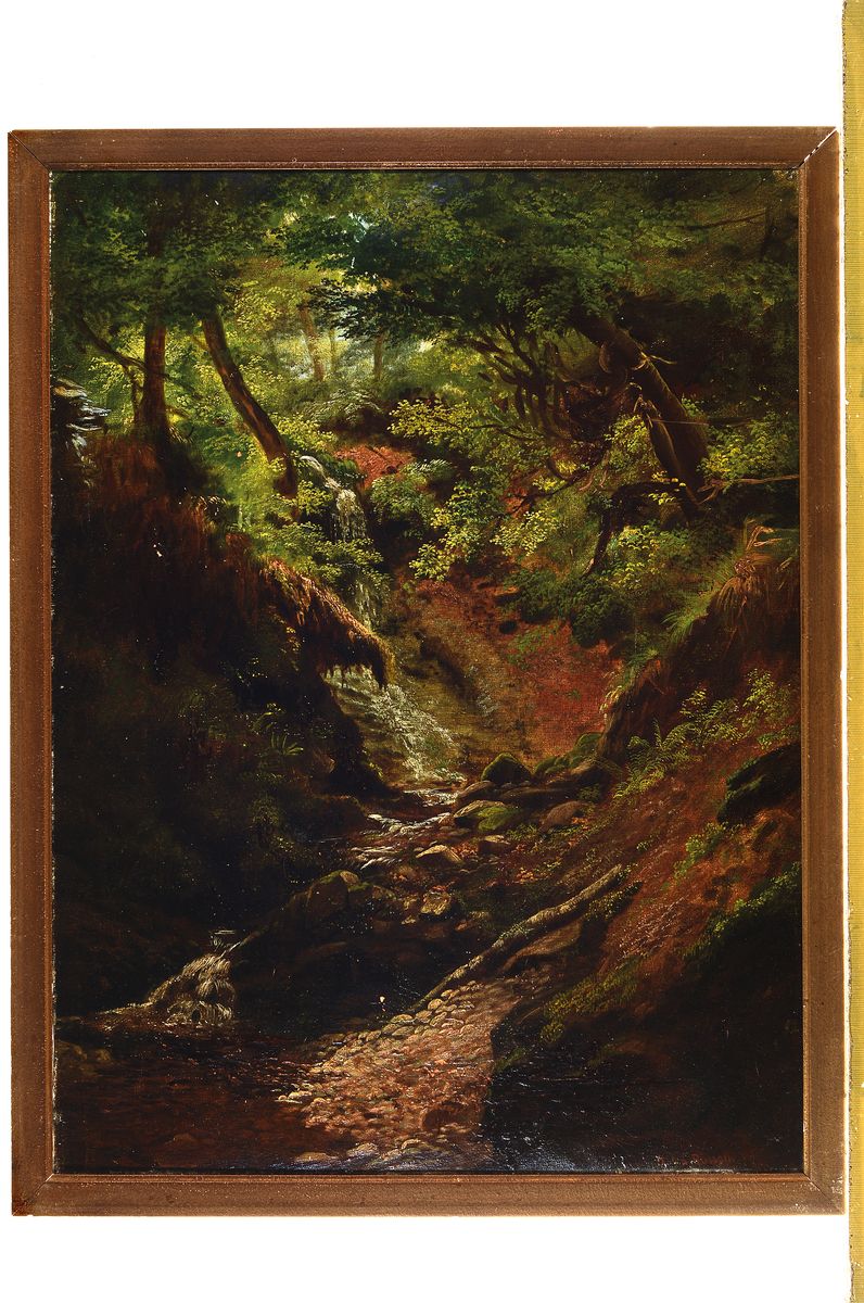 Detail k: John Russell, britischer Maler, um 1900, 2 Pendants: Waldansichten mit Bachlauf, Beobachtung der feinen Abstufungen in den Grüntönen der ...