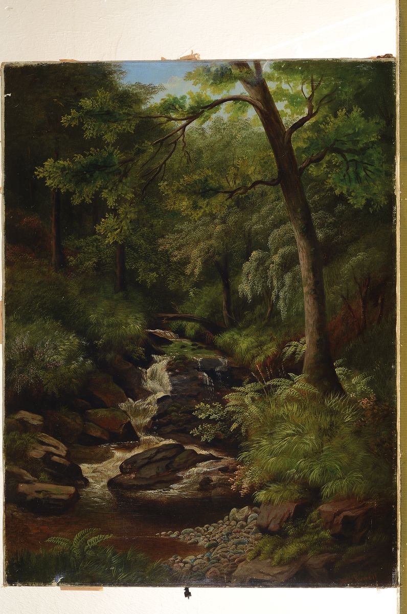 Detail l: John Russell, britischer Maler, um 1900, 2 Pendants: Waldansichten mit Bachlauf, Beobachtung der feinen Abstufungen in den Grüntönen der ...
