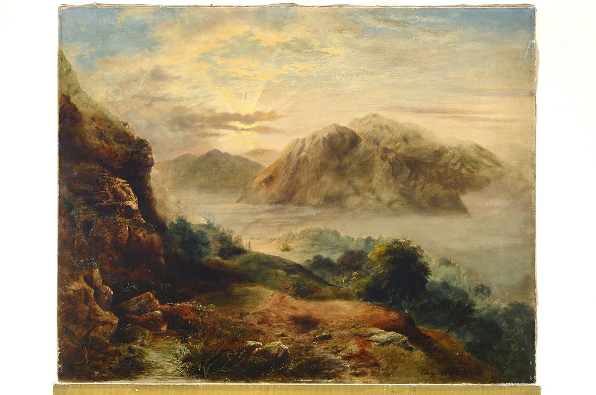 Detail k: John Thorpe, erw. zwischen 1834-1873, Hügelige Landschaft mit See, wohl Schottland, Öl/Lwd, lasierende Malerei mit gekonnter Lichtführung und ...