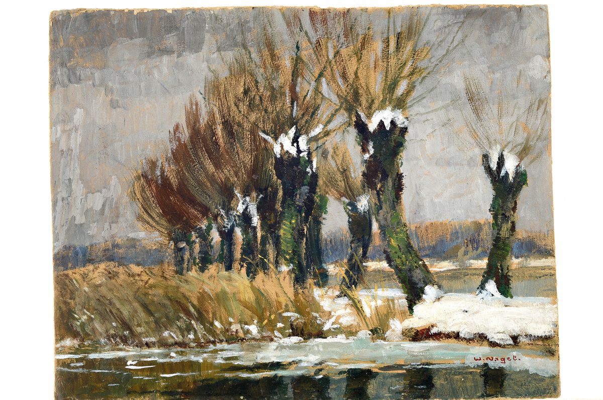 Wilhelm Nagel, 1866 Mannheim-1945 Baden-Baden, Verschneite Landschaft mit Kopfweiden, Öl/Malkarton, rechts unten signiert, ca. 41x52cm