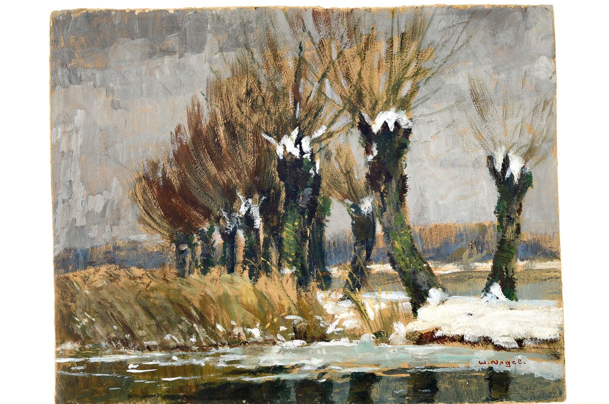 Detail k: Wilhelm Nagel, 1866 Mannheim-1945 Baden-Baden, Verschneite Landschaft mit Kopfweiden, Öl/Malkarton, rechts unten signiert, ca. 41x52cm