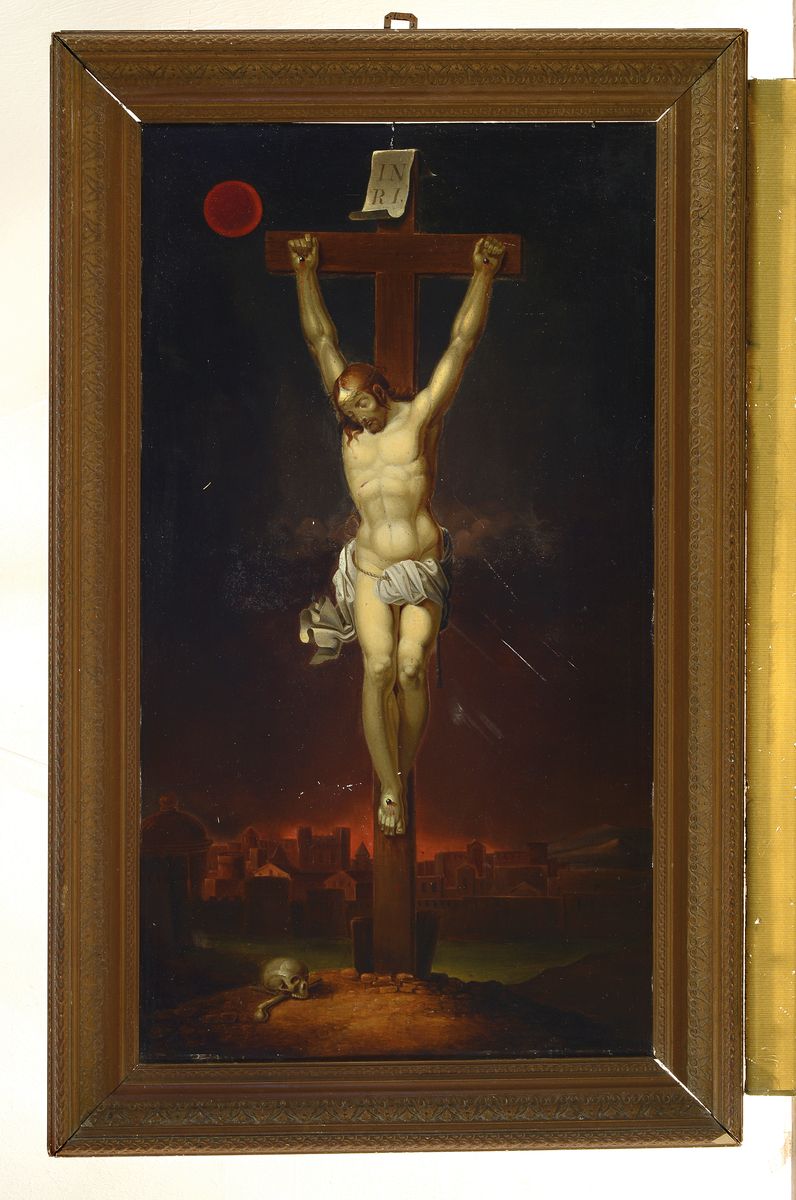 Detail k: Unbekannter Künstler um 1900, Christus am Kreuz, Dreinageltypus, atmosphärisch -symbolistische Darstellung der Kreuzigung, hintergründig die ...