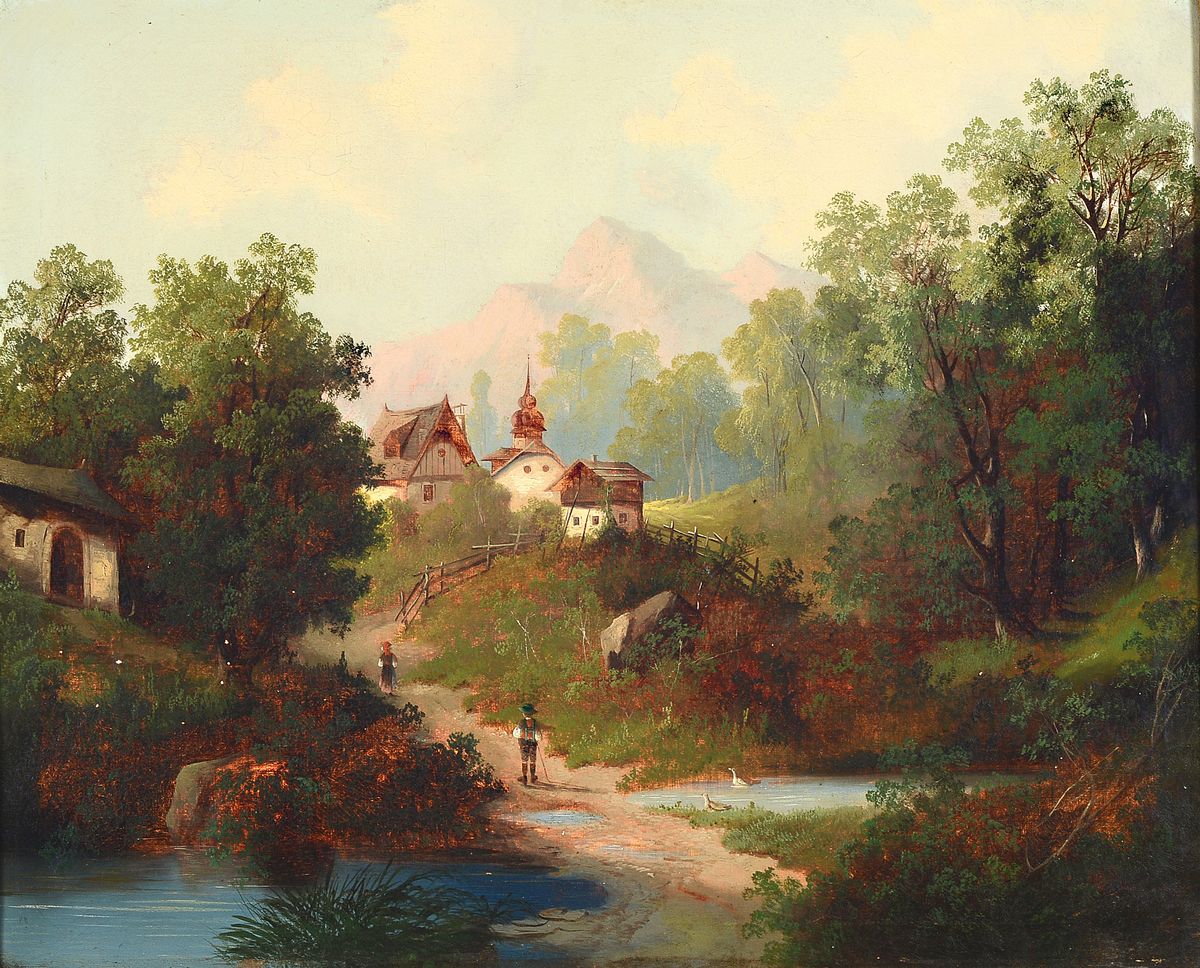 Unbekannter Künstler des späten 19.Jh., romantisierende Voralpenlandschaft, Dorf mit Kirche vor Gebirgszug, traditionelle Figurenstaffage, rechts ...