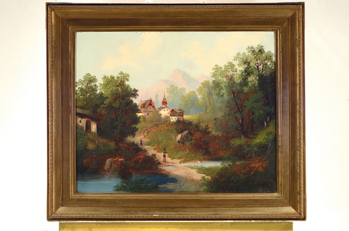 Detail k: Unbekannter Künstler des späten 19.Jh., romantisierende Voralpenlandschaft, Dorf mit Kirche vor Gebirgszug, traditionelle Figurenstaffage, rechts ...