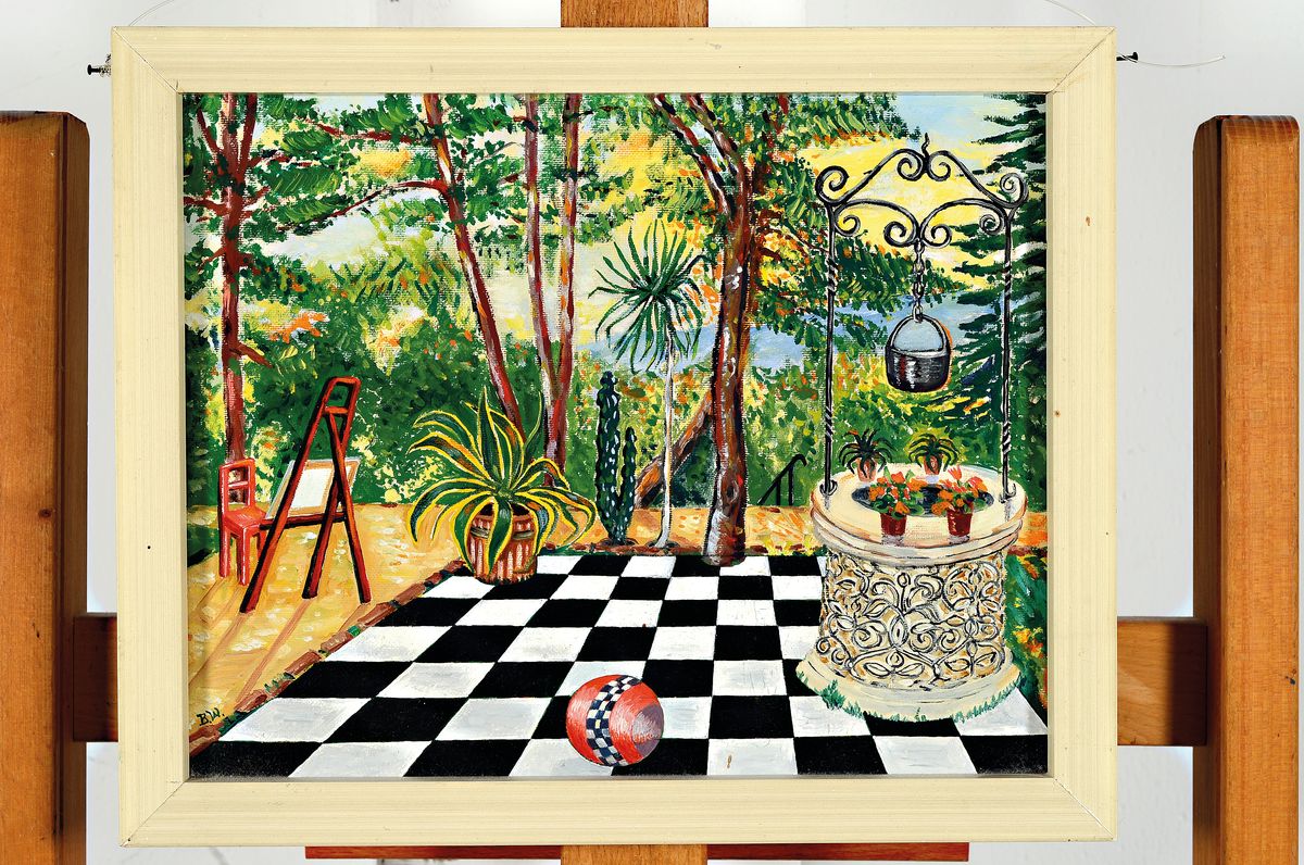 Detail k: Benno Walldorf, 1928 Gießen-1985 Bad Homburg, Unser Garten Bad Homburg, rückseitig so betitelt, Öl/Lwd, links unten signiert, ca. 24x30cm, R. ca. ...