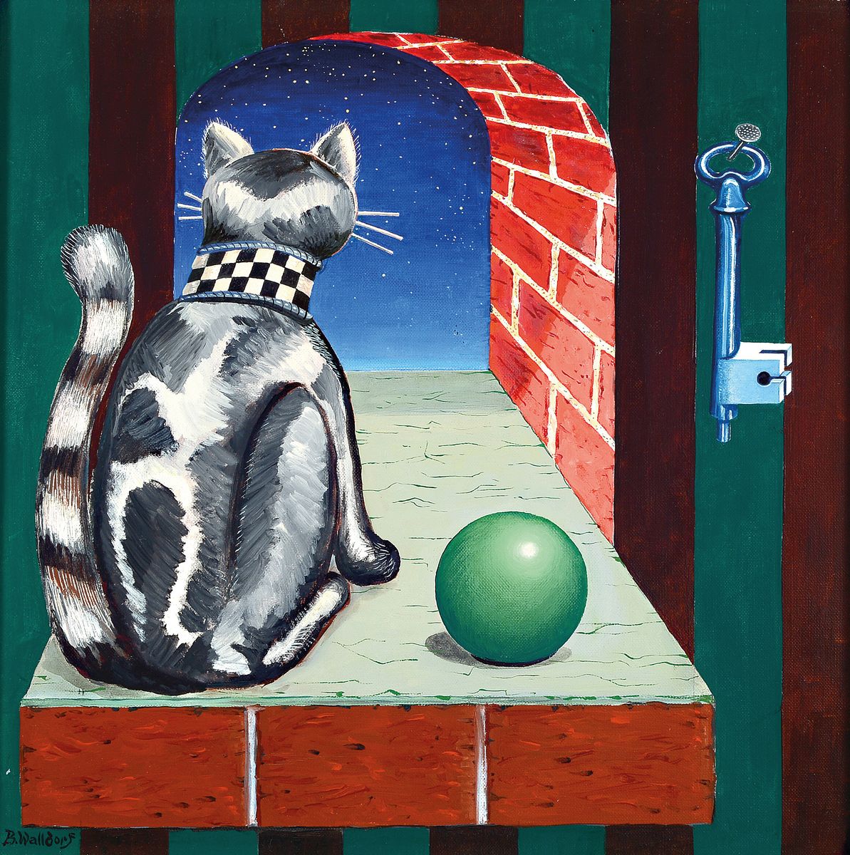 Benno Walldorf, 1928 Gießen-1985 Bad Homburg, Surrealistische Komposition mit Katze, Kugel und Schlüssel, Öl/Lwd, links unten signiert, ca. ...
