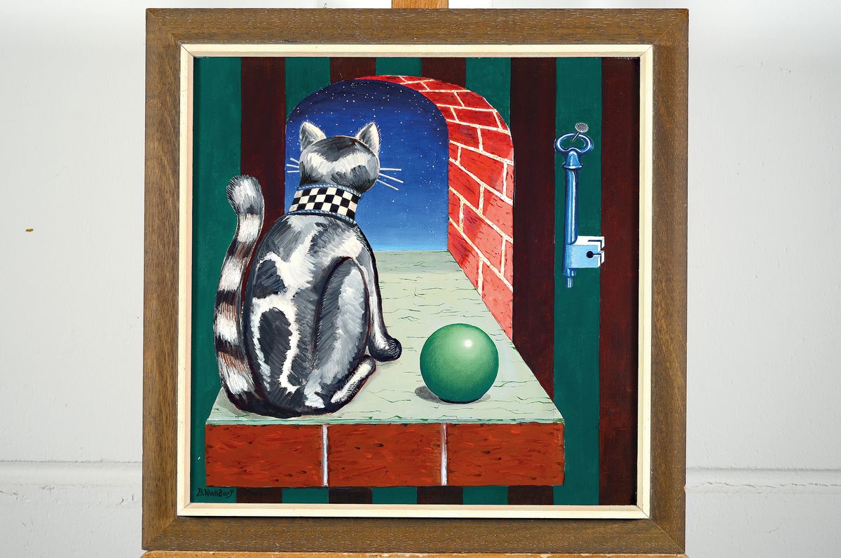 Detail k: Benno Walldorf, 1928 Gießen-1985 Bad Homburg, Surrealistische Komposition mit Katze, Kugel und Schlüssel, Öl/Lwd, links unten signiert, ca. ...