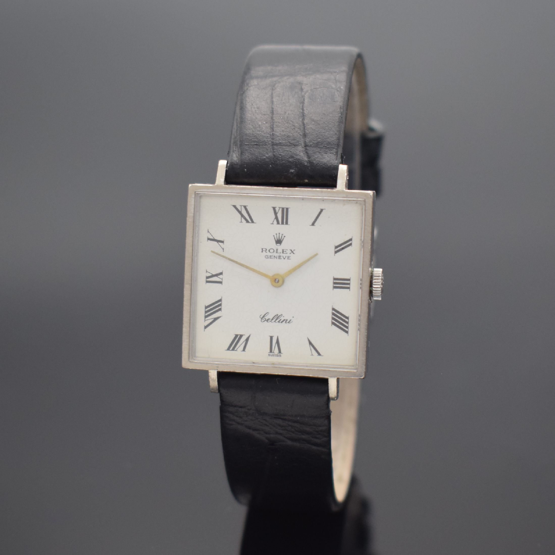 ROLEX Cellini Armbanduhr in WG 750/000, Schweiz um 1973, Handaufzug, Ref. 3996, 2- teil. Geh., Boden aufgedr., weißes Zifferbl. riss. m. röm. ...