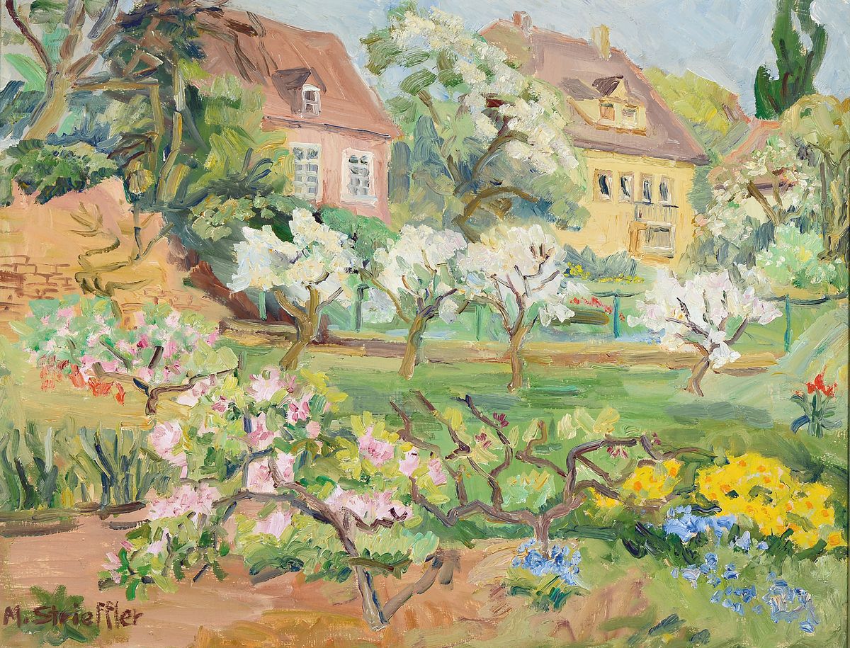 Marie Strieffler, 1917 Landau - 1987, Blick aus dem Haus der Künstlerin im Löhl auf den blühenden Garten im Frühling, ÖL/Lwd, wohl um 1968/69 ...