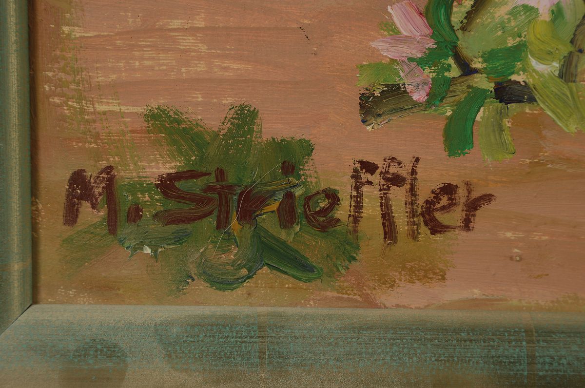 Detail a: Marie Strieffler, 1917 Landau - 1987, Blick aus dem Haus der Künstlerin im Löhl auf den blühenden Garten im Frühling, ÖL/Lwd, wohl um 1968/69 ...