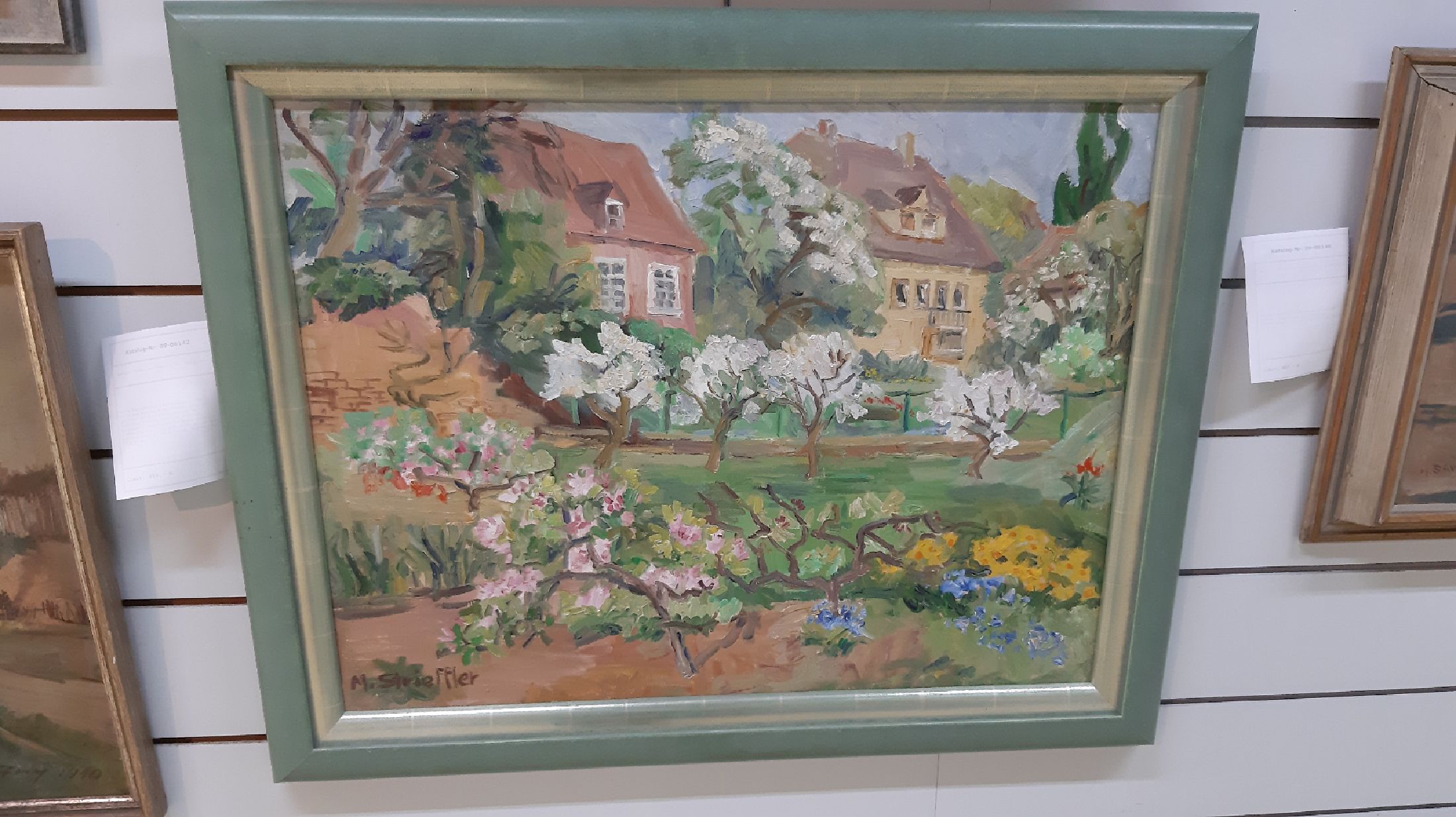 Detail d: Marie Strieffler, 1917 Landau - 1987, Blick aus dem Haus der Künstlerin im Löhl auf den blühenden Garten im Frühling, ÖL/Lwd, wohl um 1968/69 ...
