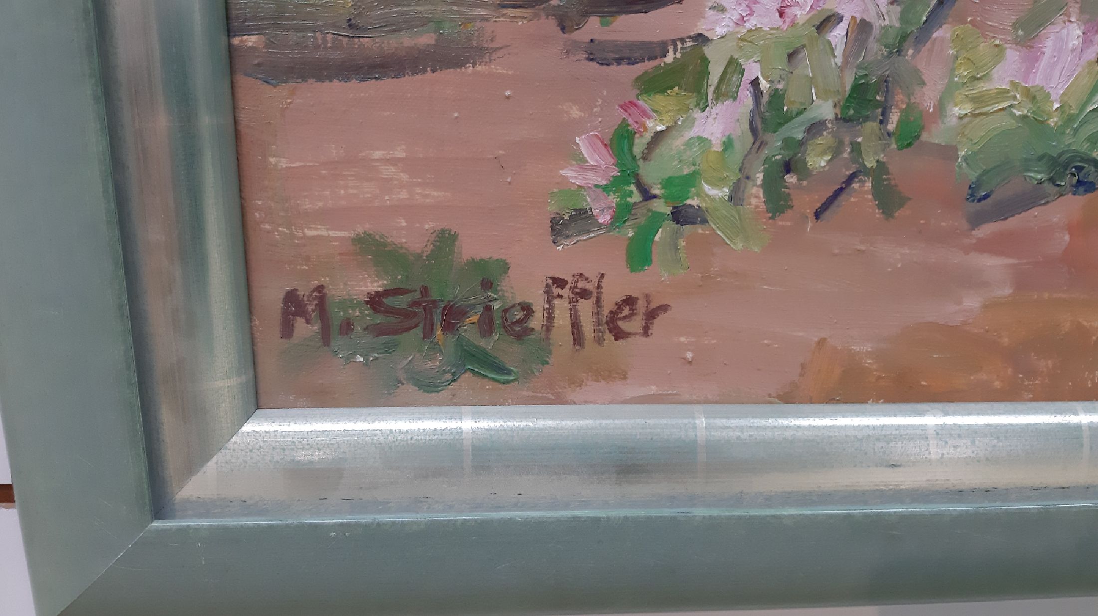 Detail e: Marie Strieffler, 1917 Landau - 1987, Blick aus dem Haus der Künstlerin im Löhl auf den blühenden Garten im Frühling, ÖL/Lwd, wohl um 1968/69 ...