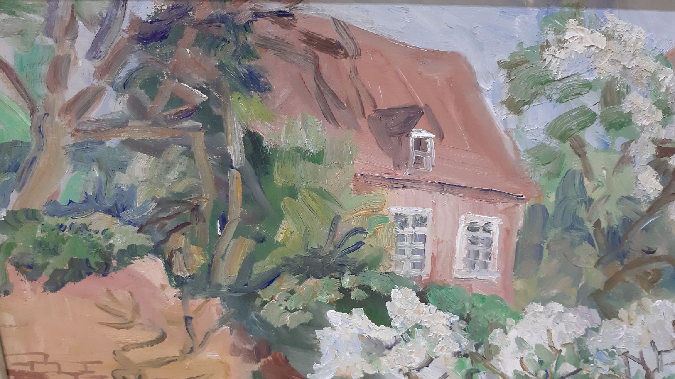 Detail f: Marie Strieffler, 1917 Landau - 1987, Blick aus dem Haus der Künstlerin im Löhl auf den blühenden Garten im Frühling, ÖL/Lwd, wohl um 1968/69 ...