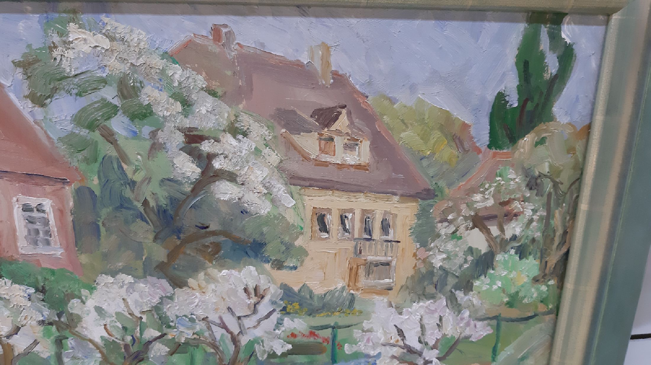 Detail g: Marie Strieffler, 1917 Landau - 1987, Blick aus dem Haus der Künstlerin im Löhl auf den blühenden Garten im Frühling, ÖL/Lwd, wohl um 1968/69 ...