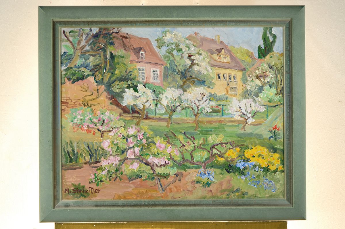 Detail k: Marie Strieffler, 1917 Landau - 1987, Blick aus dem Haus der Künstlerin im Löhl auf den blühenden Garten im Frühling, ÖL/Lwd, wohl um 1968/69 ...