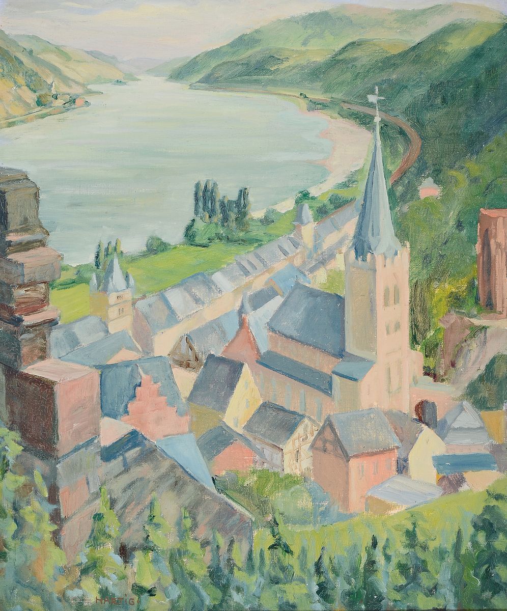 Carl Christoph Hartig, 1888 Davos - 1975 Düsseldorf, Studium in Düsseldorf, ab 1906 in Weimar, hier: Rheinlandschaft, Öl/Lwd, li.u. rot signiert, ...