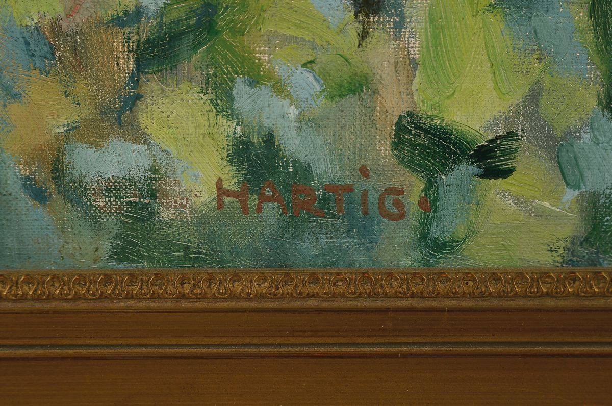 Detail a: Carl Christoph Hartig, 1888 Davos - 1975 Düsseldorf, Studium in Düsseldorf, ab 1906 in Weimar, hier: Rheinlandschaft, Öl/Lwd, li.u. rot signiert, ...