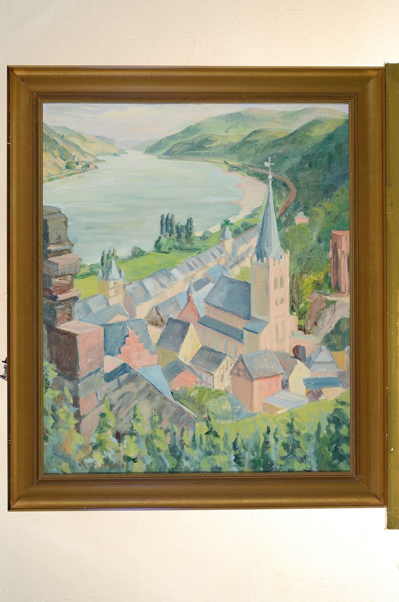 Detail k: Carl Christoph Hartig, 1888 Davos - 1975 Düsseldorf, Studium in Düsseldorf, ab 1906 in Weimar, hier: Rheinlandschaft, Öl/Lwd, li.u. rot signiert, ...