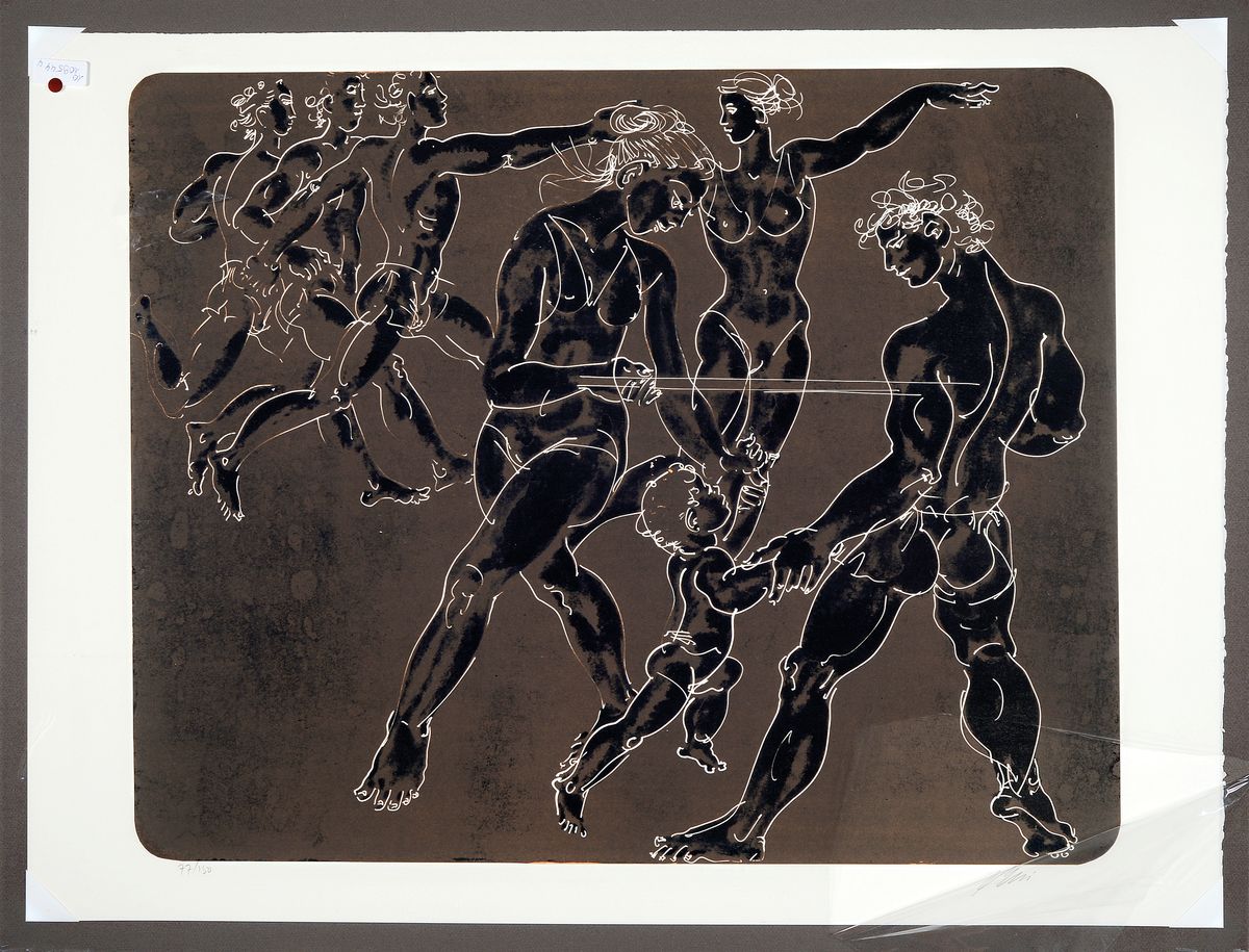 Hans Erni, 1909-2015, Gymnasten auf Braunem Hintergrund, Lithografie, sign., num. 70/150, ca. 64x84 cm
