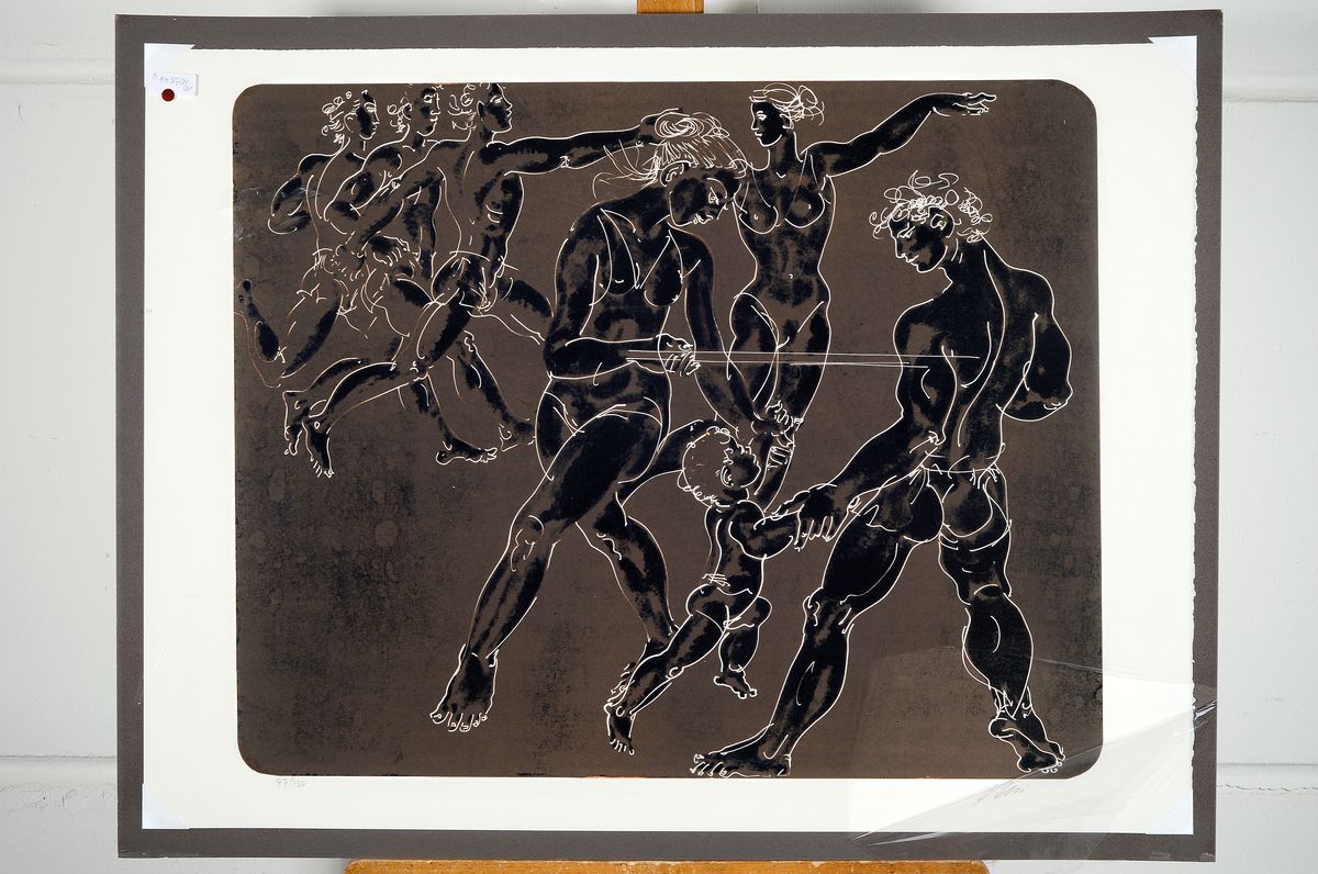 Detail k: Hans Erni, 1909-2015, Gymnasten auf Braunem Hintergrund, Lithografie, sign., num. 70/150, ca. 64x84 cm