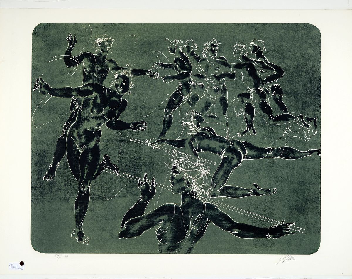 Hans Erni, 1909-2015, Gymnasten auf Grünem Hintergrund, Lithografie, sign., num. 48/150, ca. 80x60 cm
