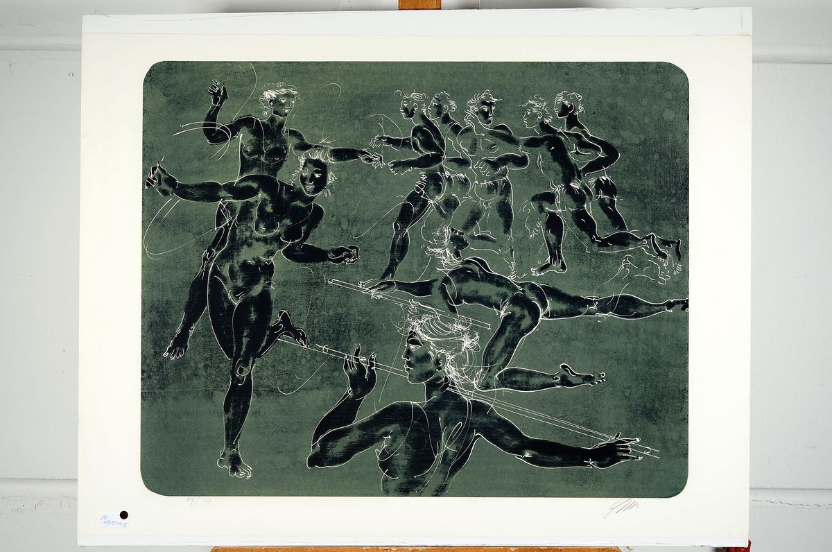 Detail k: Hans Erni, 1909-2015, Gymnasten auf Grünem Hintergrund, Lithografie, sign., num. 48/150, ca. 80x60 cm