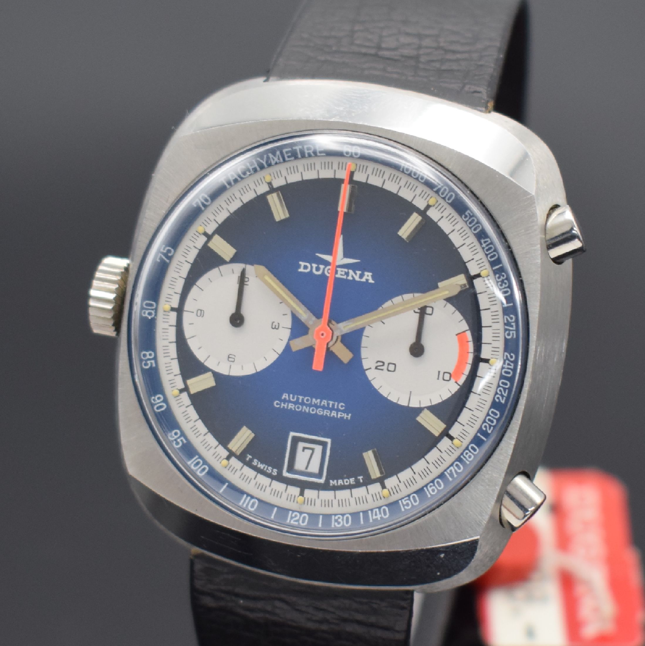 Detail a: DUGENA nahezu neuwertige Herrenarmbanduhr mit Chronograph Kaliber 3207, Schweiz um 1968, Automatik mit Micro-Rotor, massives Stahlgeh., Boden ...