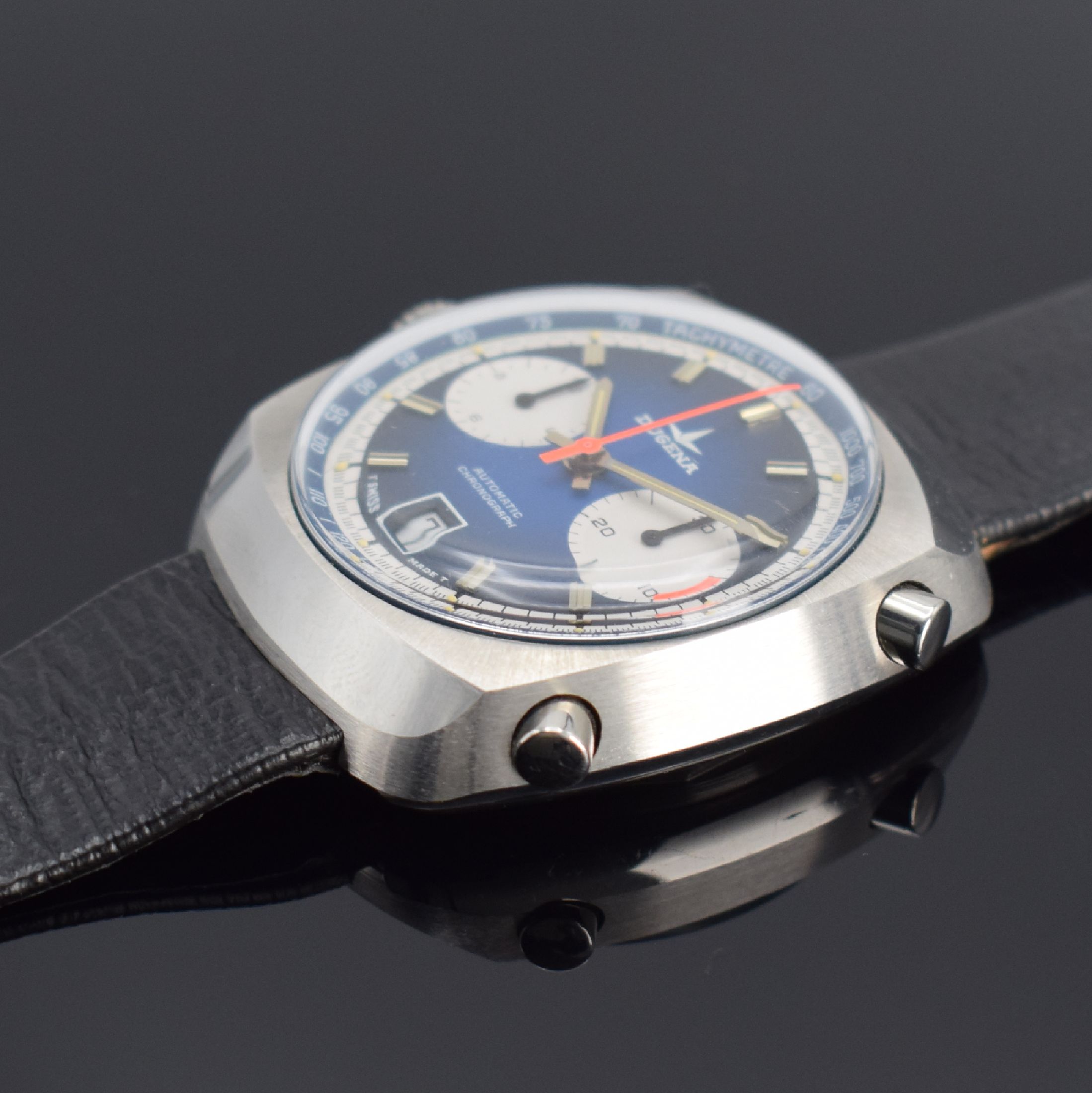 Detail c: DUGENA nahezu neuwertige Herrenarmbanduhr mit Chronograph Kaliber 3207, Schweiz um 1968, Automatik mit Micro-Rotor, massives Stahlgeh., Boden ...