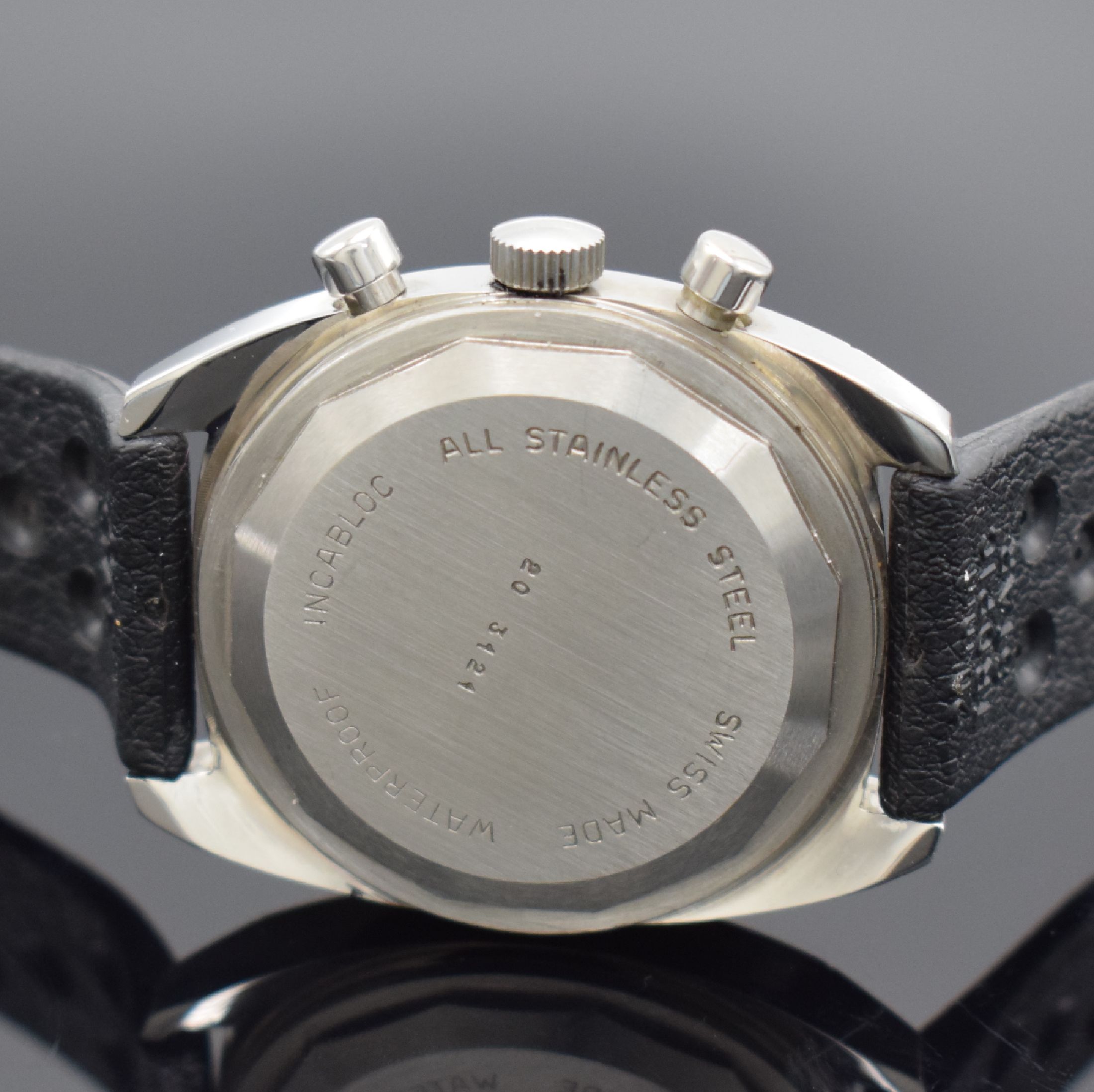 Detail c: KIENZLE gut erhaltene Herrenarmbanduhr mit Chronograph, Schweiz/Deutschland um 1968, Handaufzug, massives Stahlgeh., Boden geschr., Tropic-Band, ...