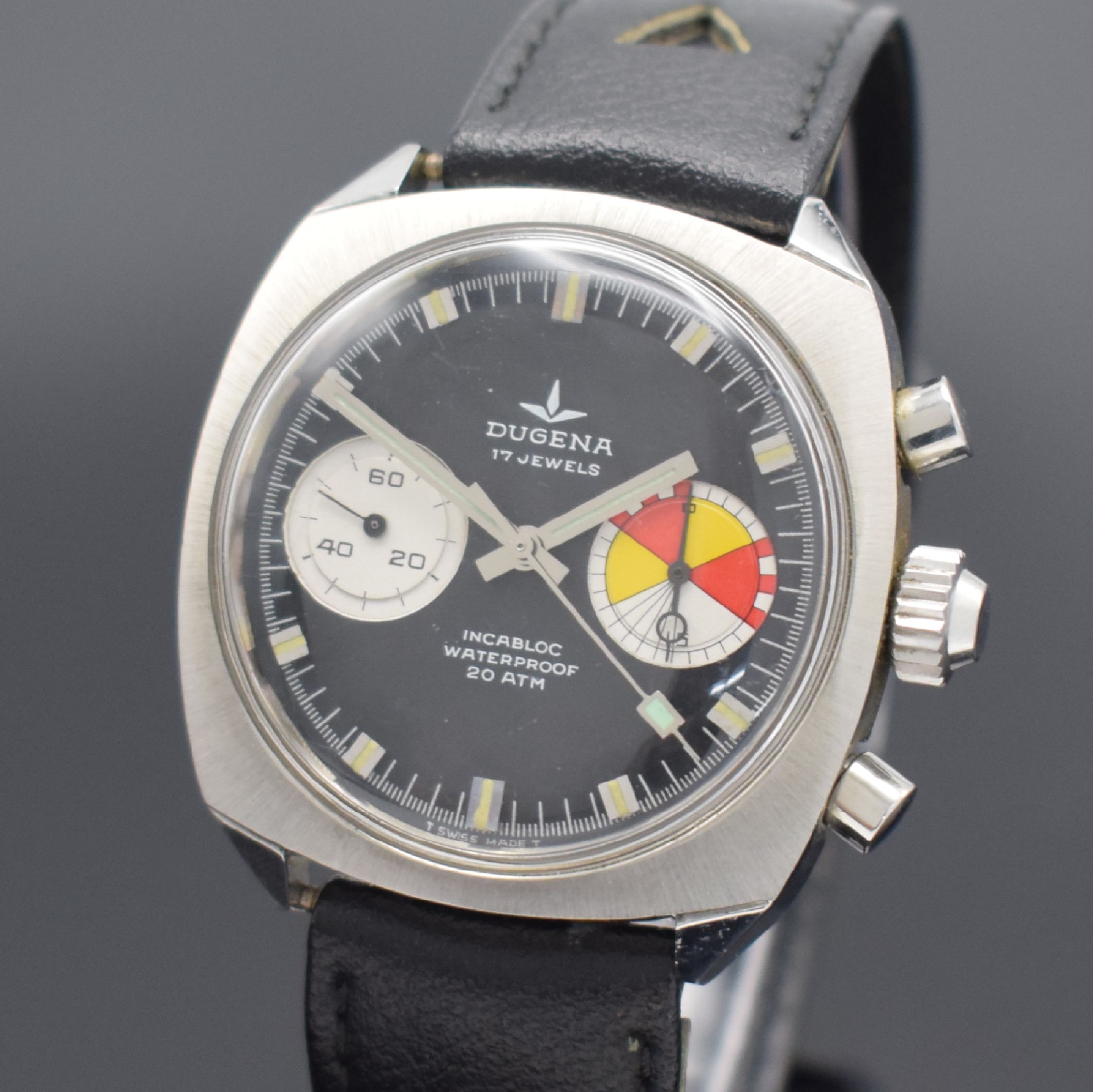 Detail a: DUGENA nahezu neuwertige Herrenarmbanduhr mit Chronograph, Schweiz um 1968, Handaufzug, Stahlgeh., Boden verschr., orig. Lederband, schwarzes ...